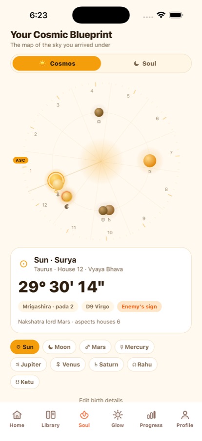 A sidereal Vedic birth chart with planets placed by house