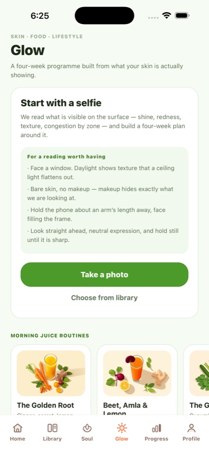 A Glow skin reading in the Dtox app showing zone-by-zone results